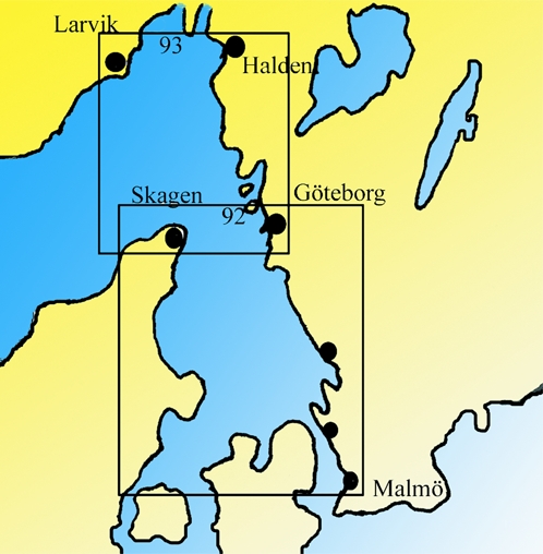 Karta över kustkortens indelning längs Sveriges västkust.