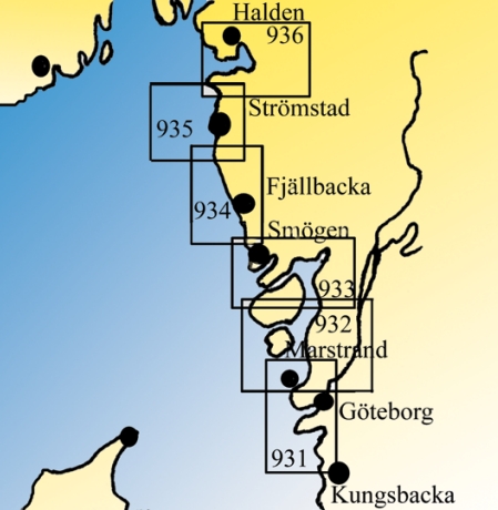 Karta över skärgårdskort längs västkusten med kortnummer 931 till 936.